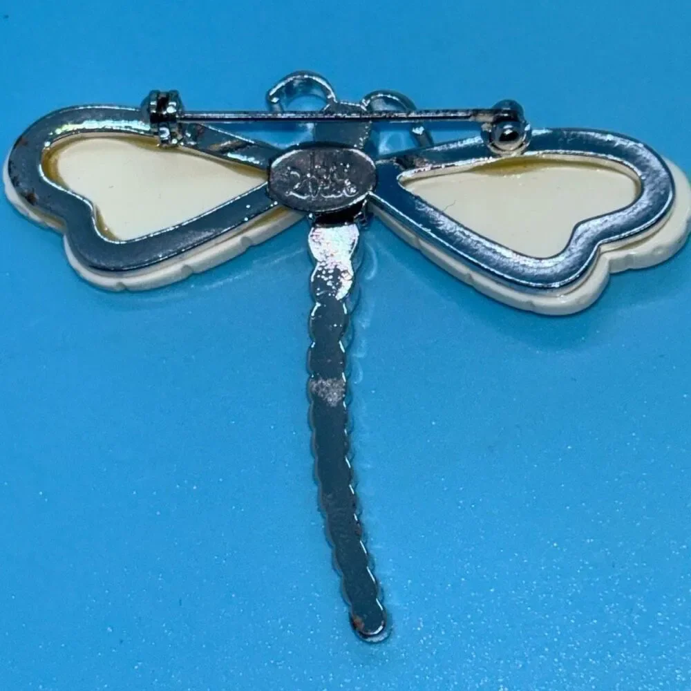 Vtg Joan Rivers Dragonfly pin brooch silver white opal wings crystal body +box